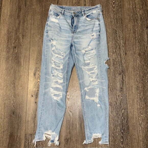 American Eagle Stretch Mom Jeans Distressed w Holes W30xL27 Women Size 8 Regular - Picture 1 of 8